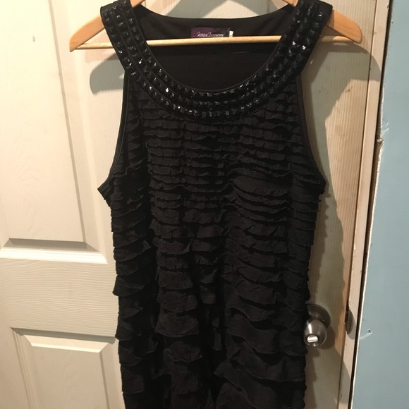 Ruffled Black dress with Beaded Neckline - Picture 1 of 7